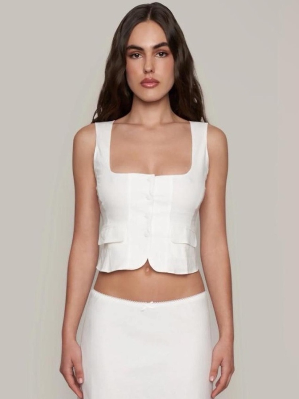 Guizio White Adelina Scoop Square Neck Linen Blend Button Tank Top size large